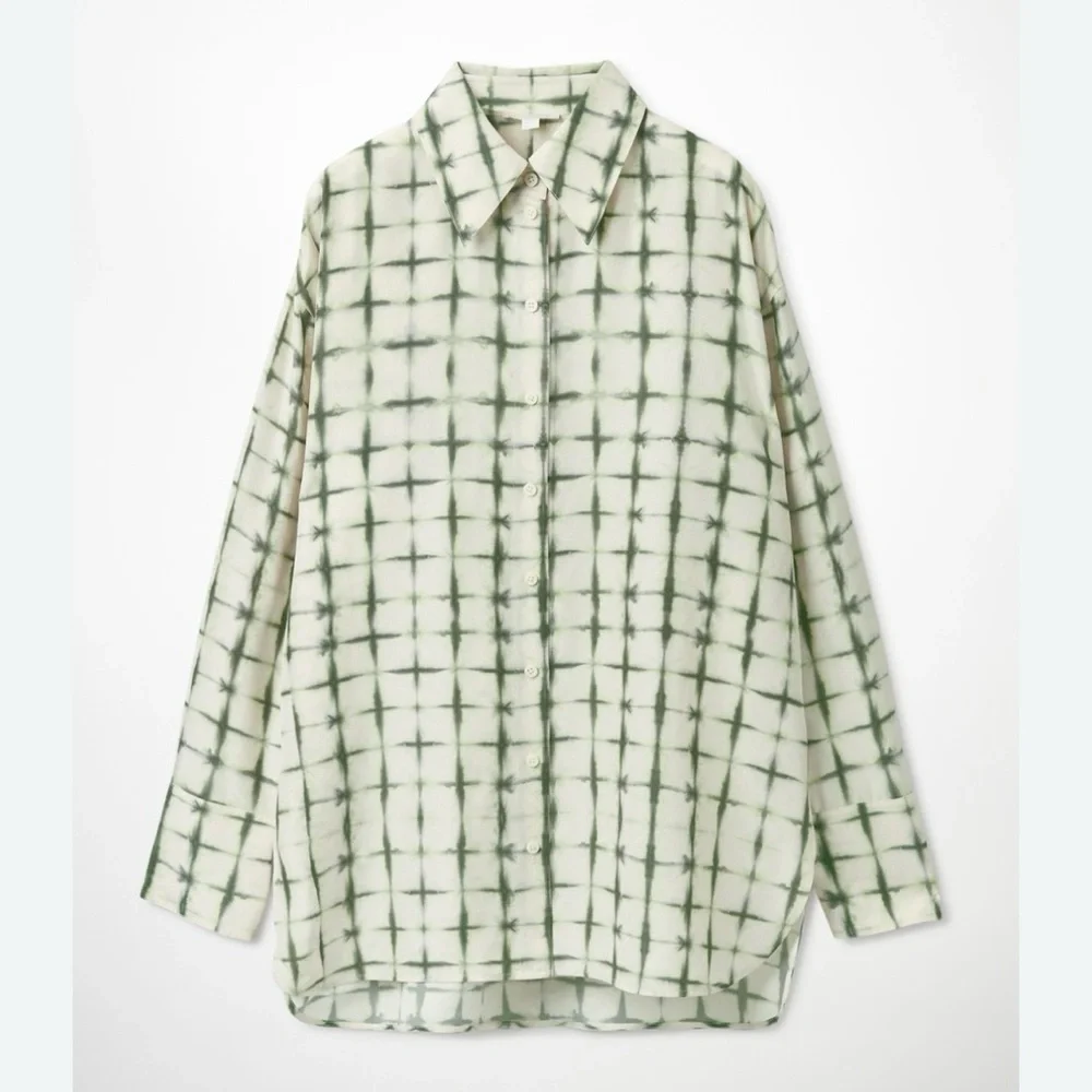 COS • 100% Silk Print Blouse **SEE MEASUREMENTS** Off-White Green Oversized - Picture 4 of 15